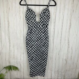 ASOS body con black and white cross hatched plunge neck midi dress